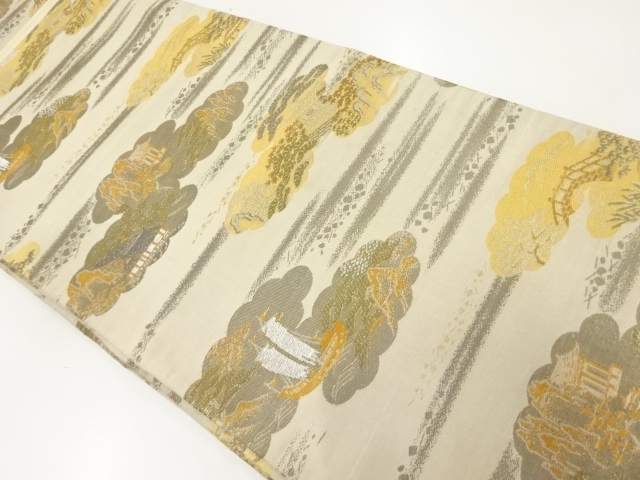 アンティーク　雲取りに屋敷風景模様織り出し袋帯(材料)